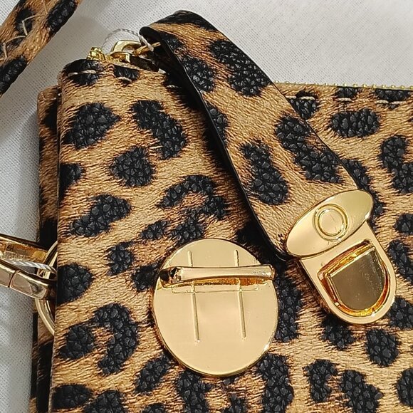 Jen & Co Riley Leopard Print Handbag Crossbody Strap Wristlet Vegan Leather NWT - Picture 3 of 16